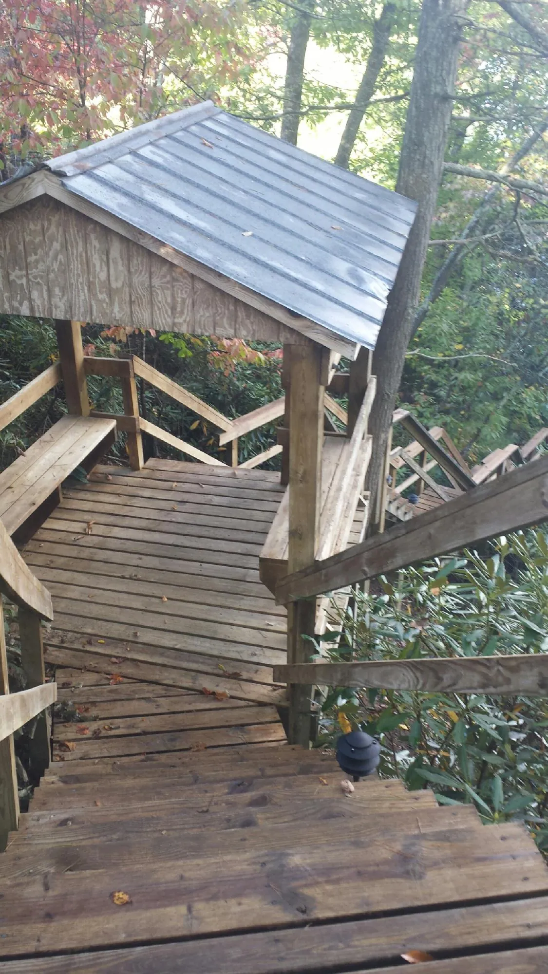 Metal roofed shelter over wooden steps on a wooded walkway — Skylight Repair & Installation work by our crew in Athena